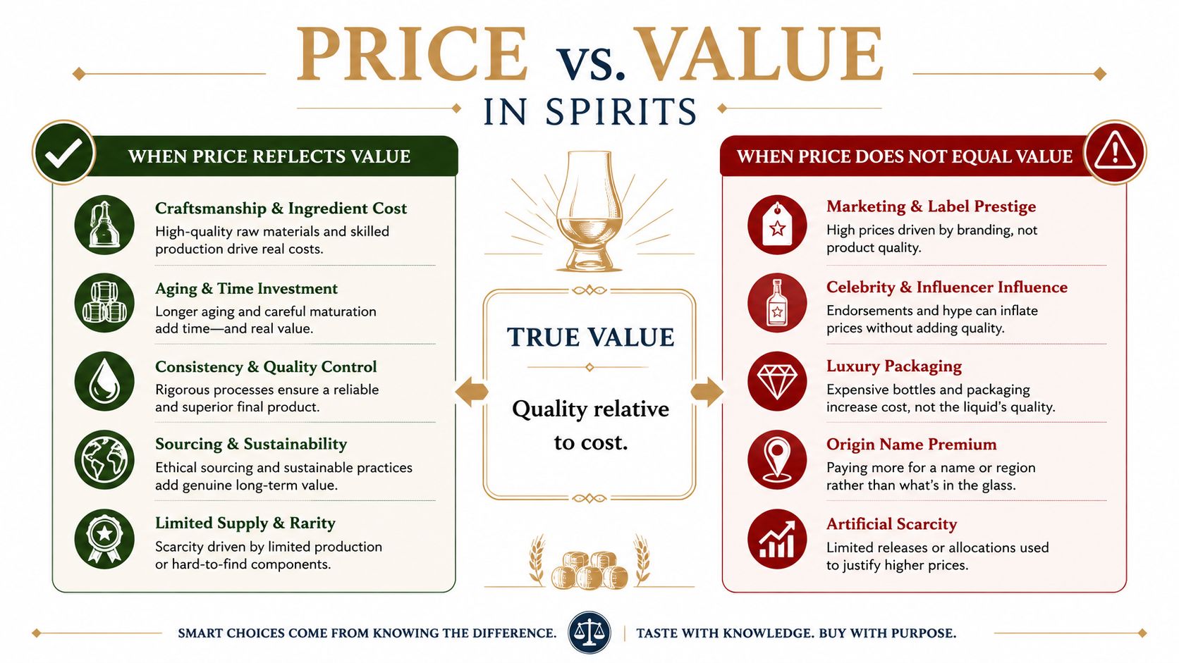A visual comparison infographic illustrating factors that determine if liquor prices reflect true quality or marketing.