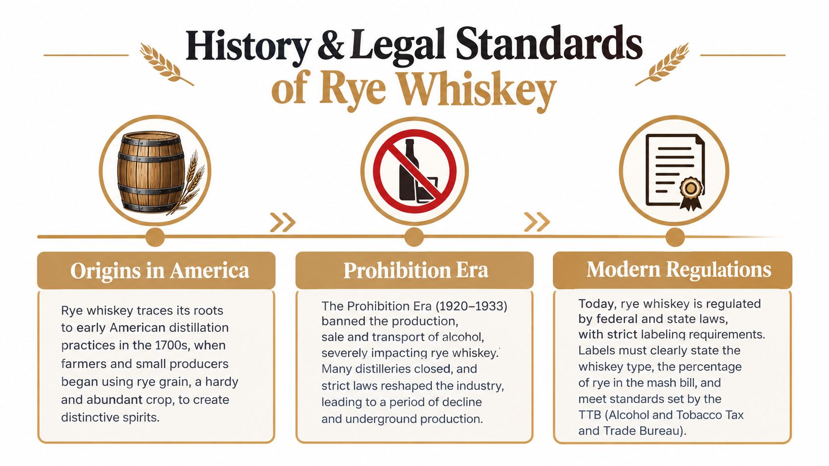 A timeline graphic illustrating the history and legal standards of rye whiskey from origins to modern regulations.