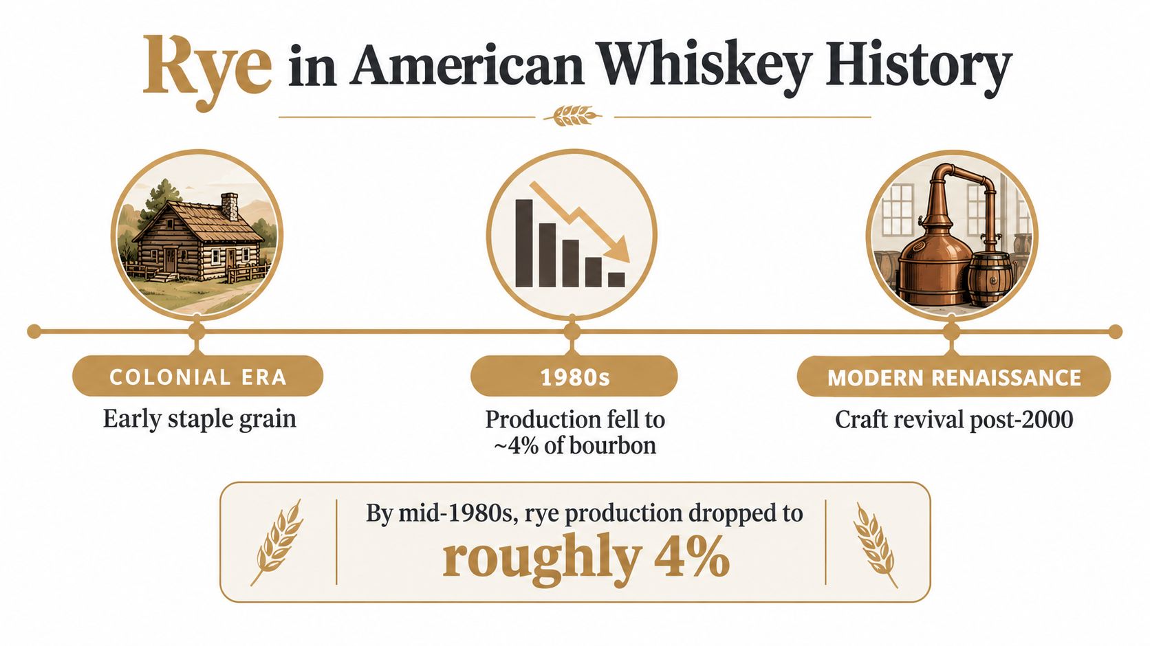 An infographic titled Rye in American Whiskey History showing the grain's decline in the 1980s and modern revival.