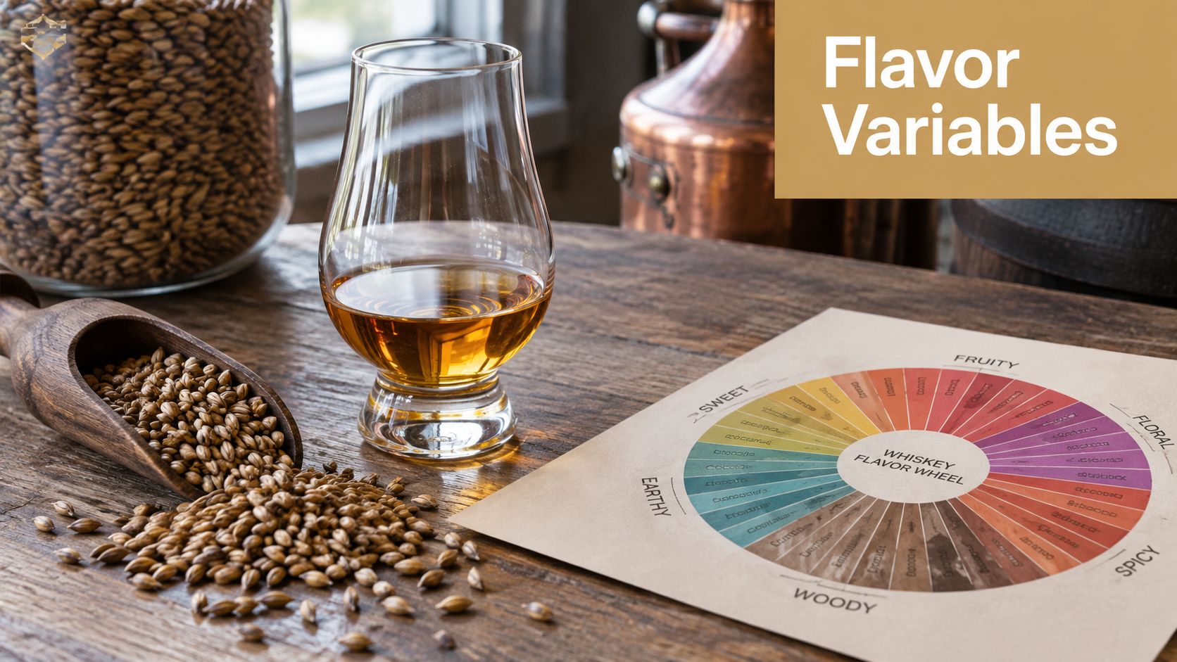 A whiskey glass, grains, and a flavor wheel chart on a wooden table, representing top whiskey tasting.