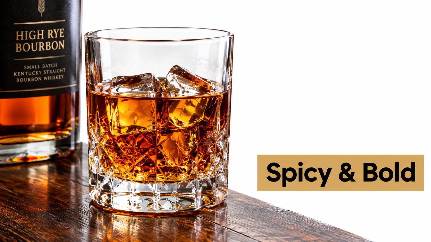 A crystal glass of bourbon whiskey with ice cubes sitting on a rustic wooden table next to a bottle.