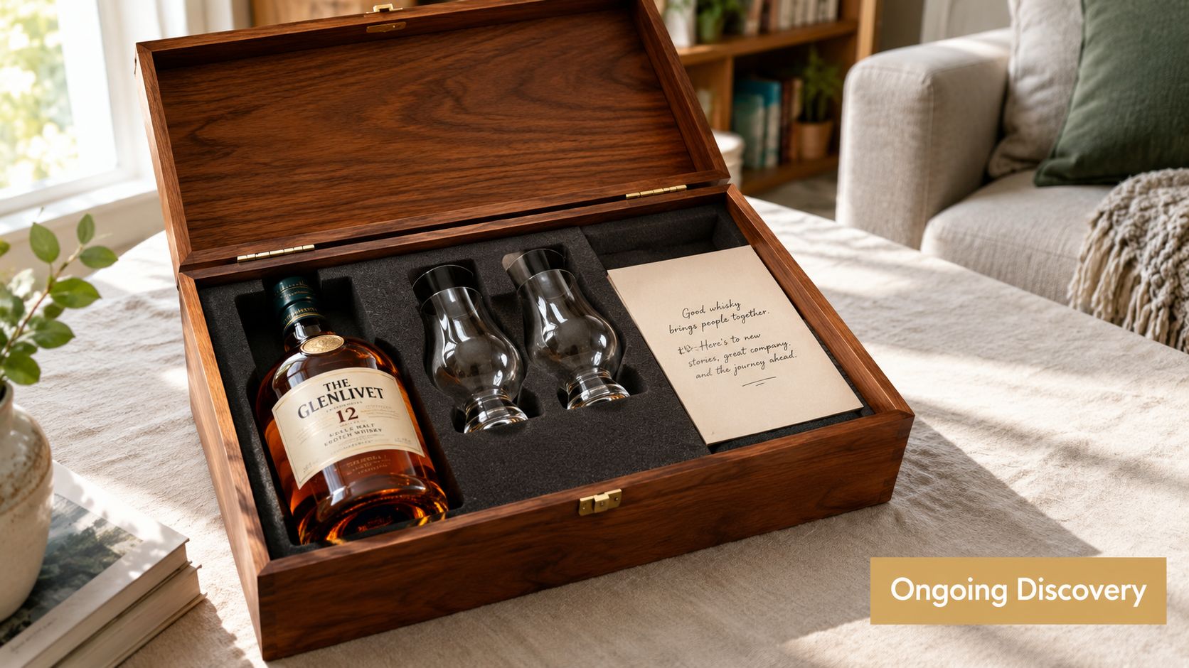 A wooden gift box containing a bottle of The Glenlivet 12 whisky, two glasses, and a note.