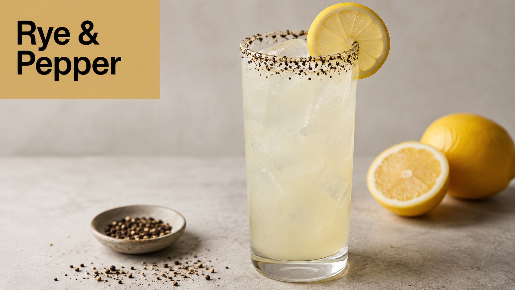 A tall glass of rye and pepper cocktail garnished with lemon, with peppercorns on the table.