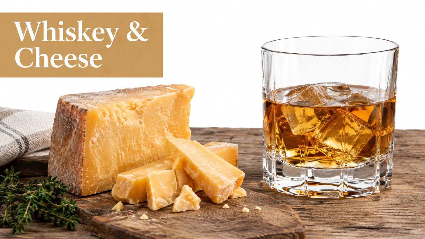 A rustic wooden surface featuring a wedge of aged parmesan cheese, fresh thyme, and a glass of whiskey.