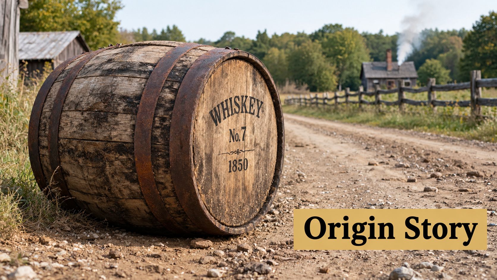 A rustic wooden whiskey barrel marked 1850 sitting on a dirt path with a vintage house background.