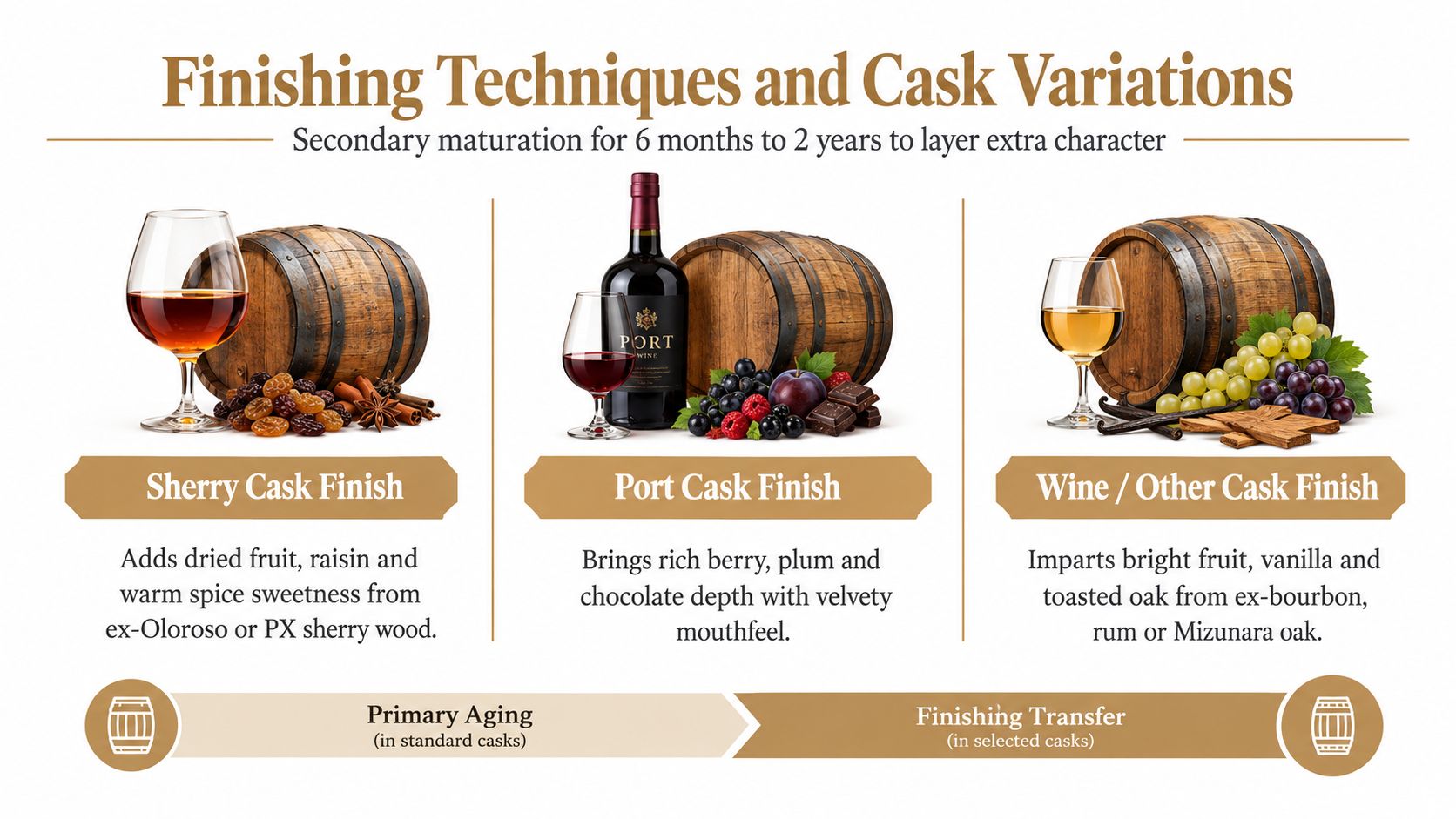 A diagram explaining whisky maturation techniques using sherry, port, and various other wooden finishing casks.