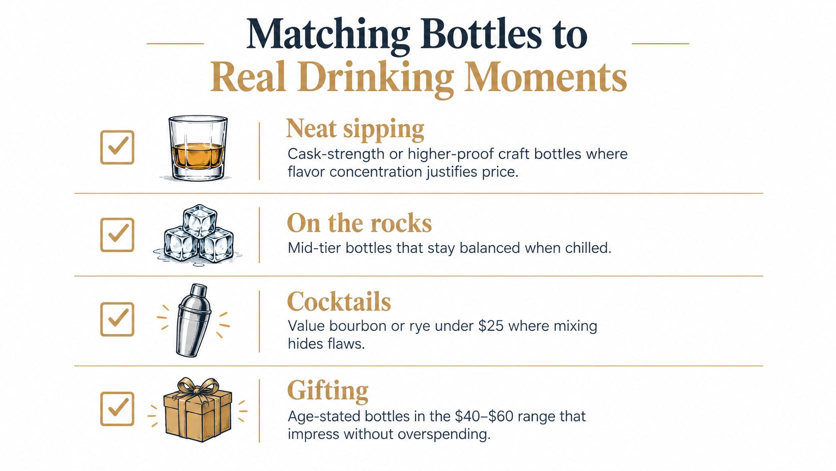 A visual guide explaining how to choose whiskey bottles based on their intended drinking occasion or purpose.