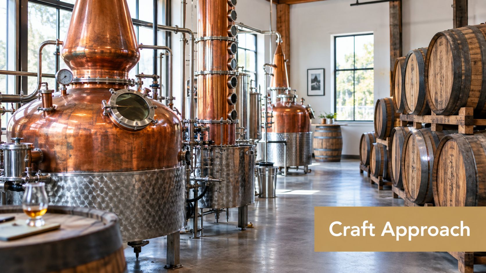A professional craft distillery featuring large copper stills and stacks of aging wooden bourbon barrels indoors.