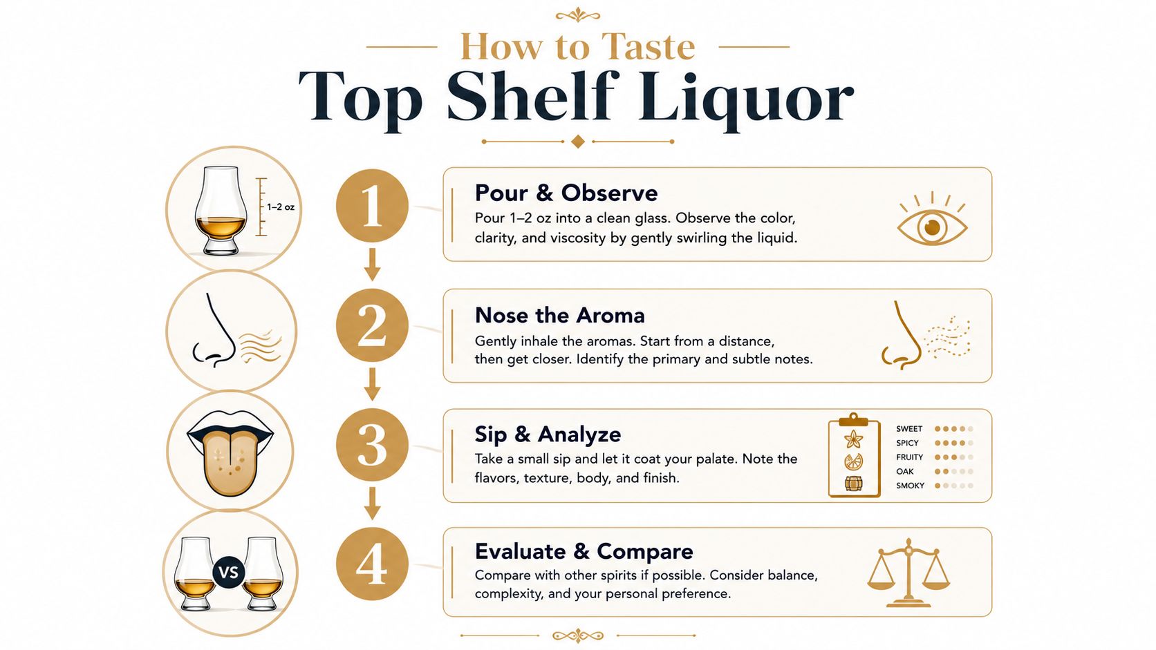 An infographic titled How to Taste Top Shelf Liquor outlining a four-step process for tasting spirits.
