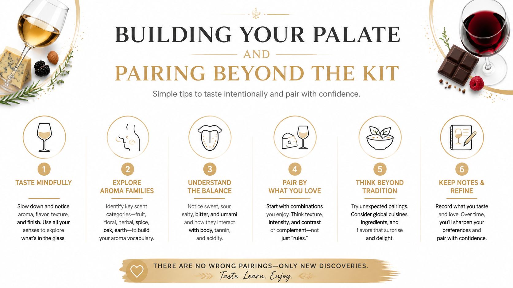An infographic titled Building Your Palate offering six simple tips for intentionally tasting and pairing wine.