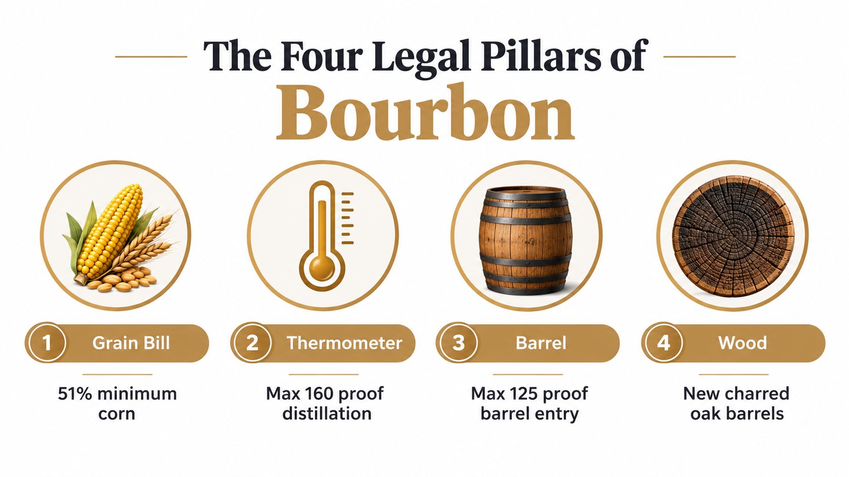 An infographic titled The Four Legal Pillars of Bourbon detailing the production requirements for bourbon whiskey.