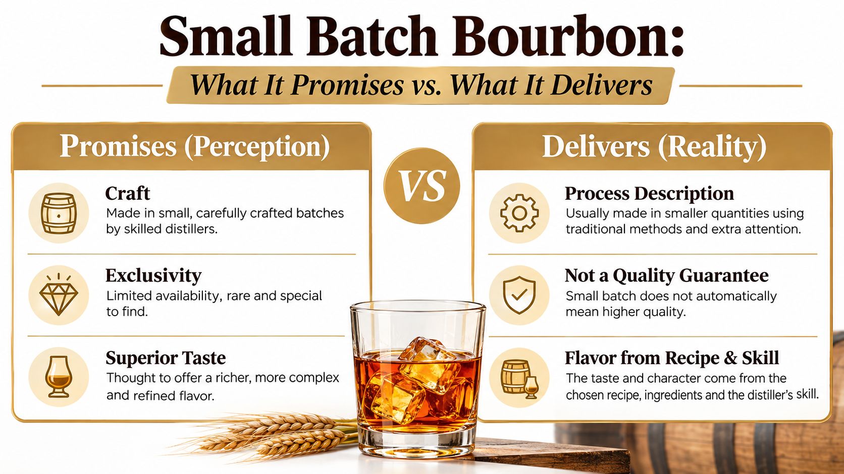 An infographic comparing the marketing perception of small batch bourbon versus the reality of its production methods.