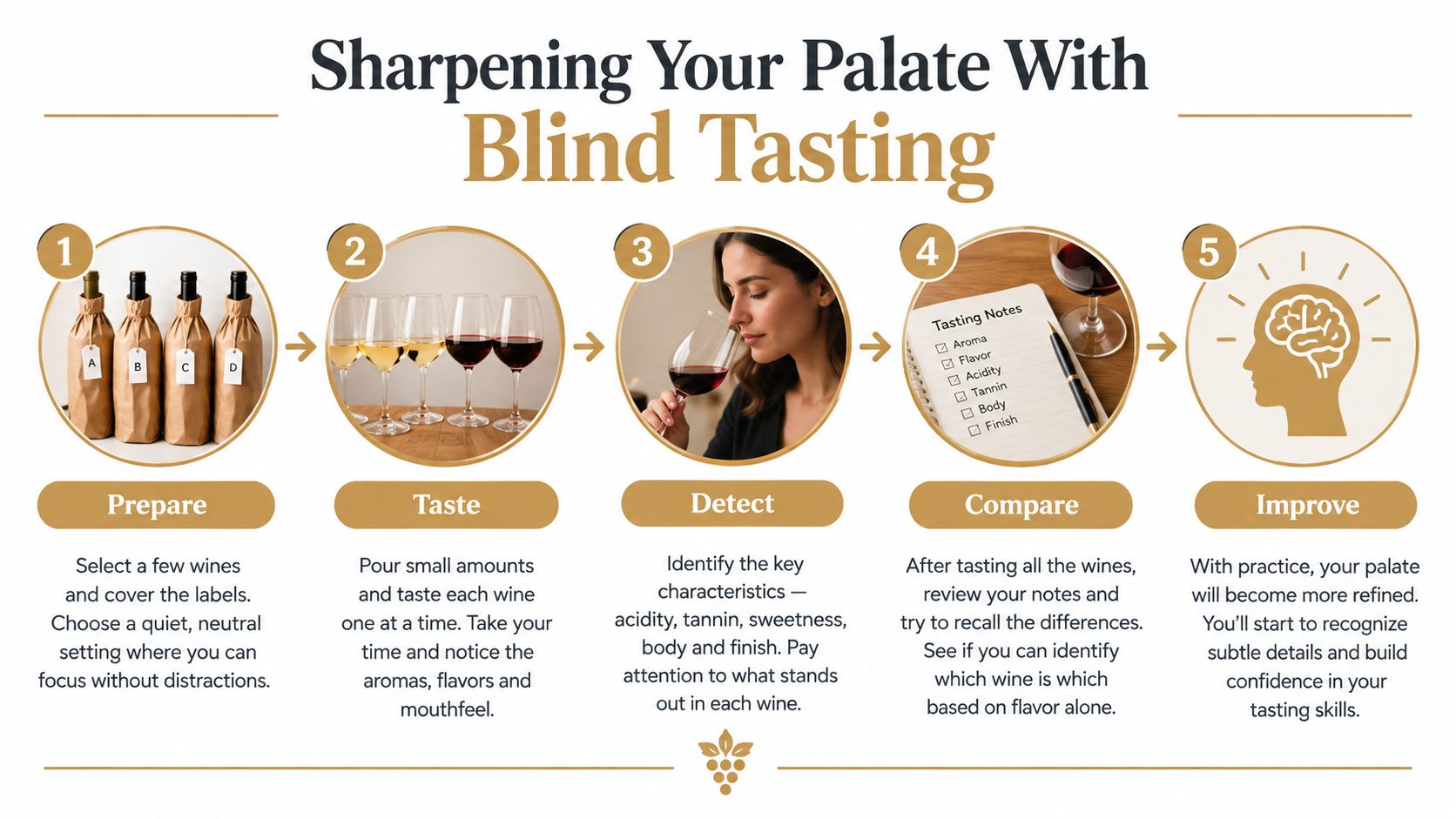 A five-step guide on how to sharpen your wine palate through the process of blind tasting.