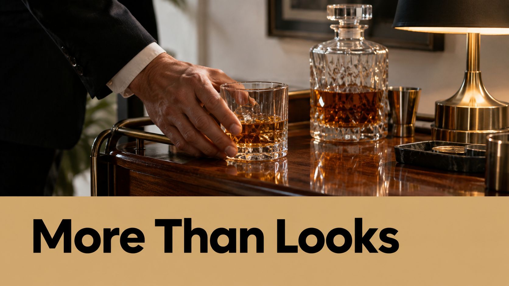 A person in a suit reaching for a glass of whisky on a polished wooden bar cart.