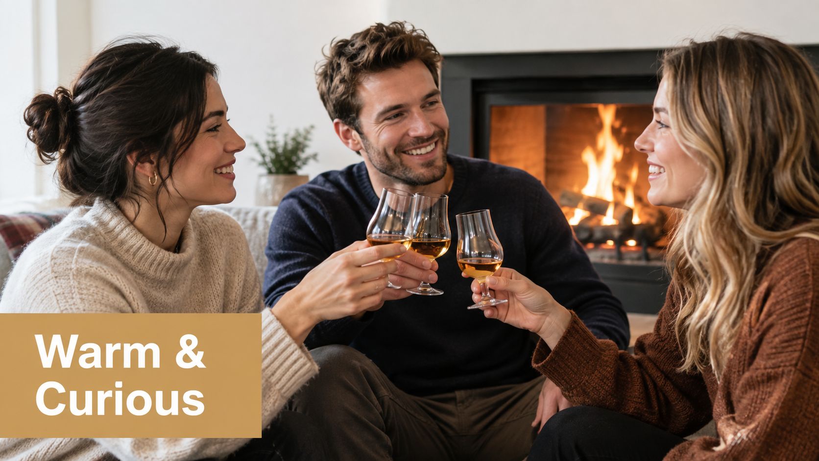 A man and two women enjoying drinks and smiling while sitting together in front of a fireplace.