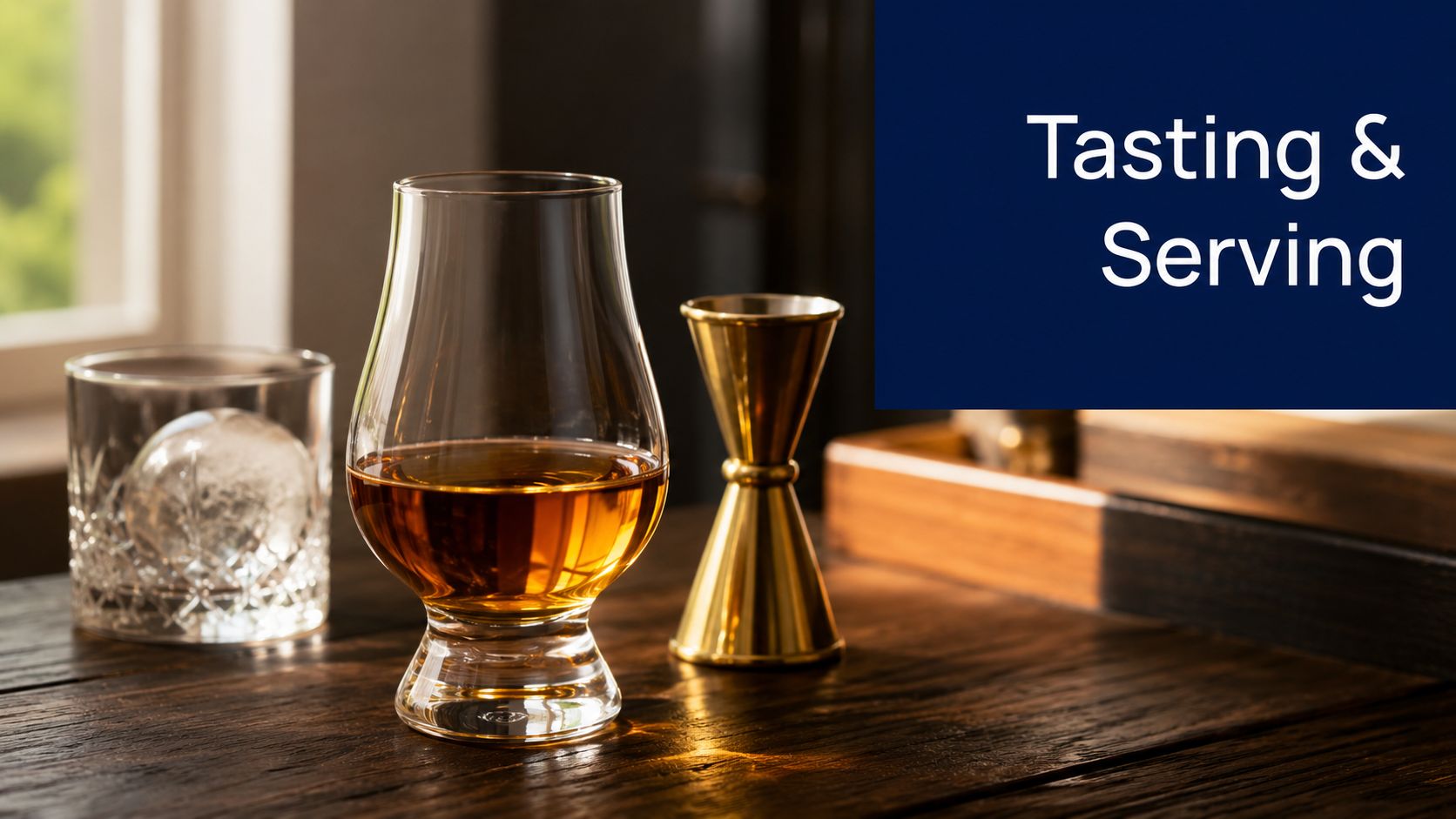 A glass of amber colored Canadian whisky sitting next to a gold jigger on a wooden table.
