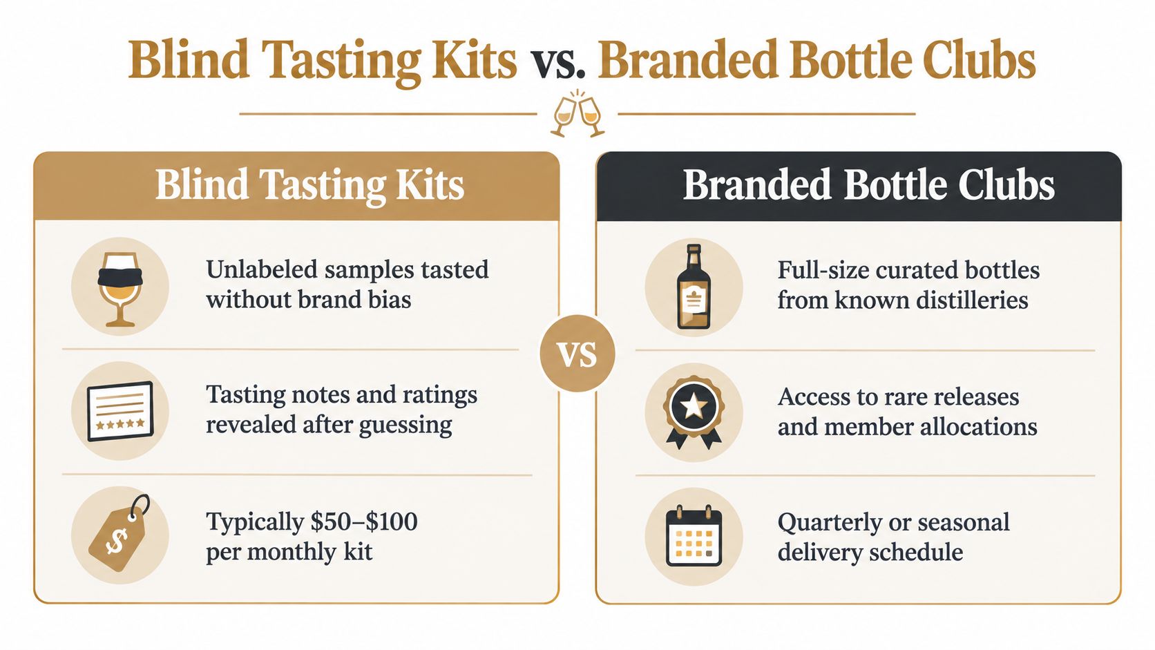 A comparison chart highlighting the key differences between blind tasting kits and branded bottle clubs.