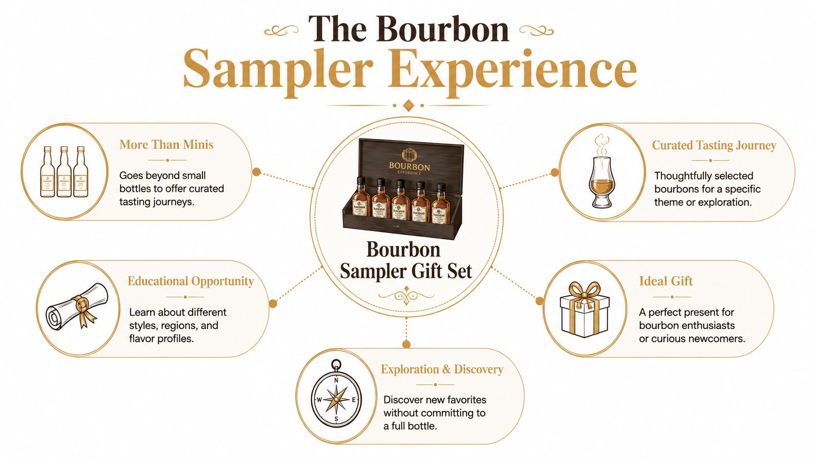 A visual guide illustrating the benefits of a Bourbon Sampler Gift Set with various icons and labels.