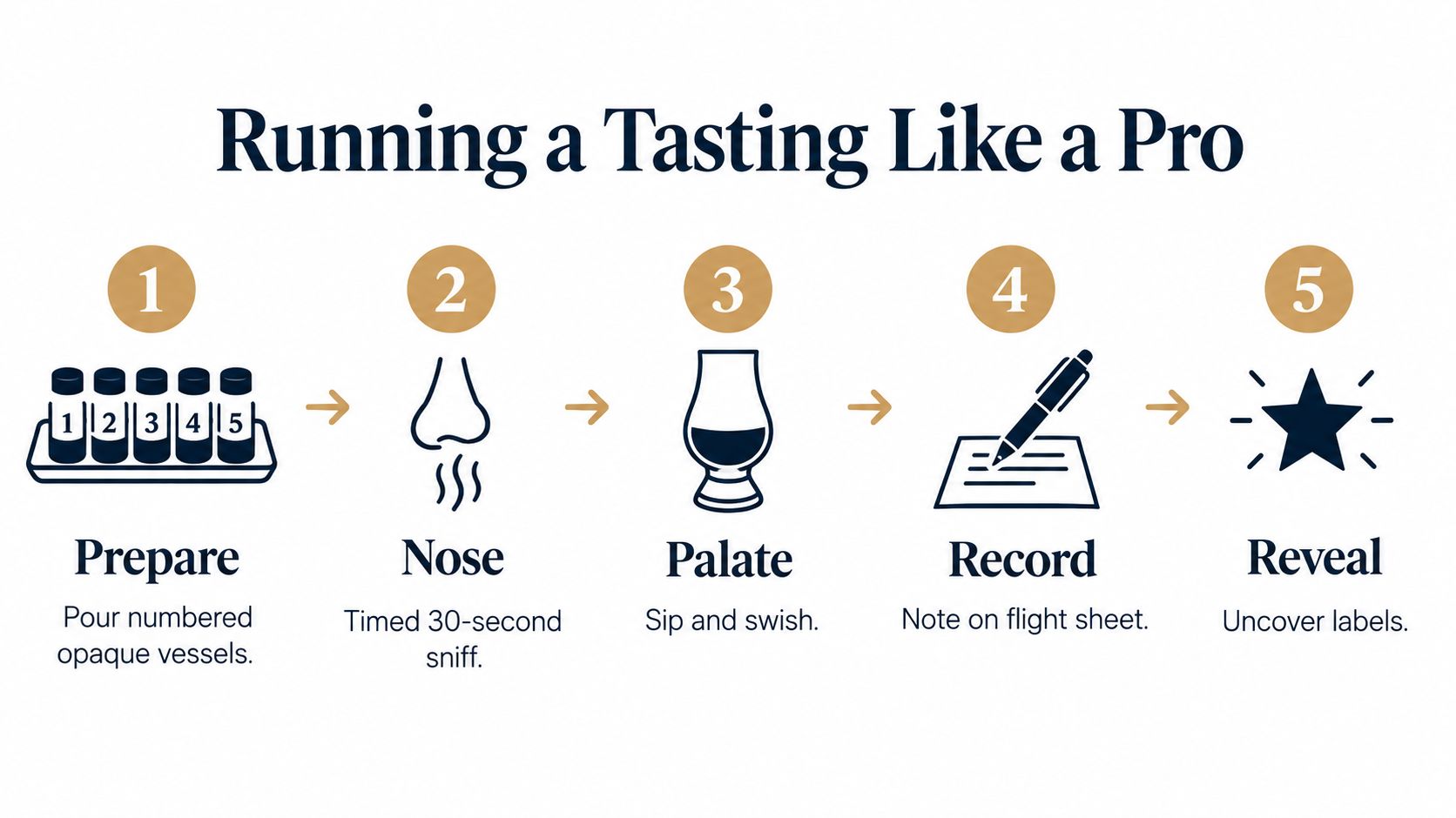 A five-step instructional graphic showing how to conduct a professional blind tasting with numbered vessels.