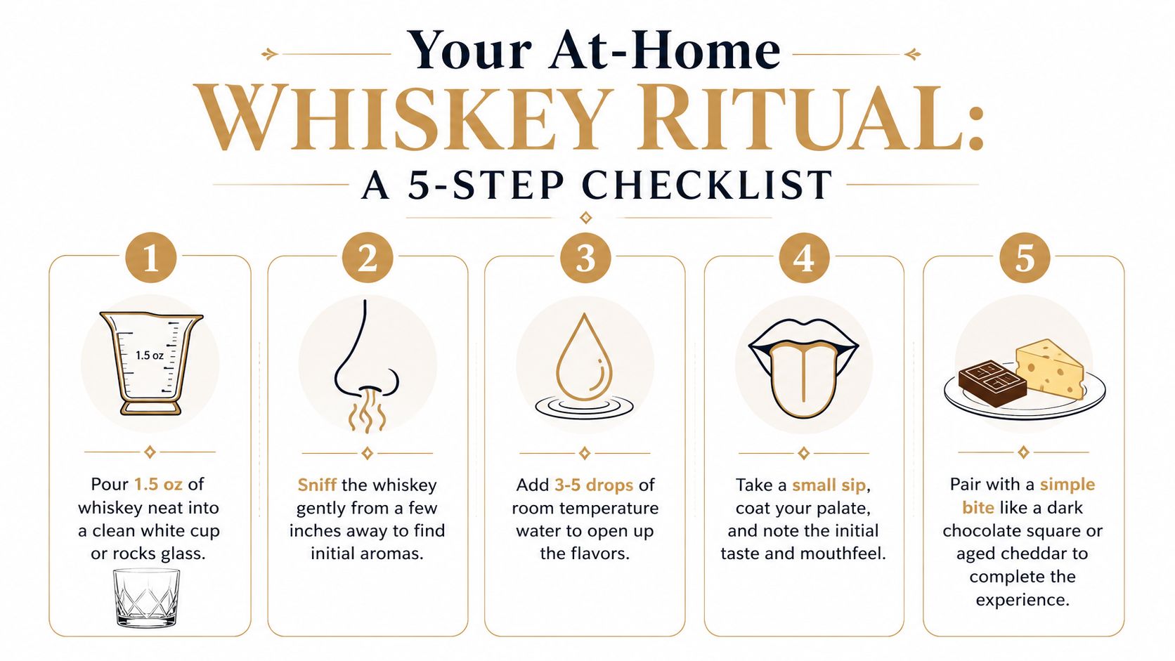 A five-step instructional guide on how to properly taste and enjoy a glass of whiskey at home.