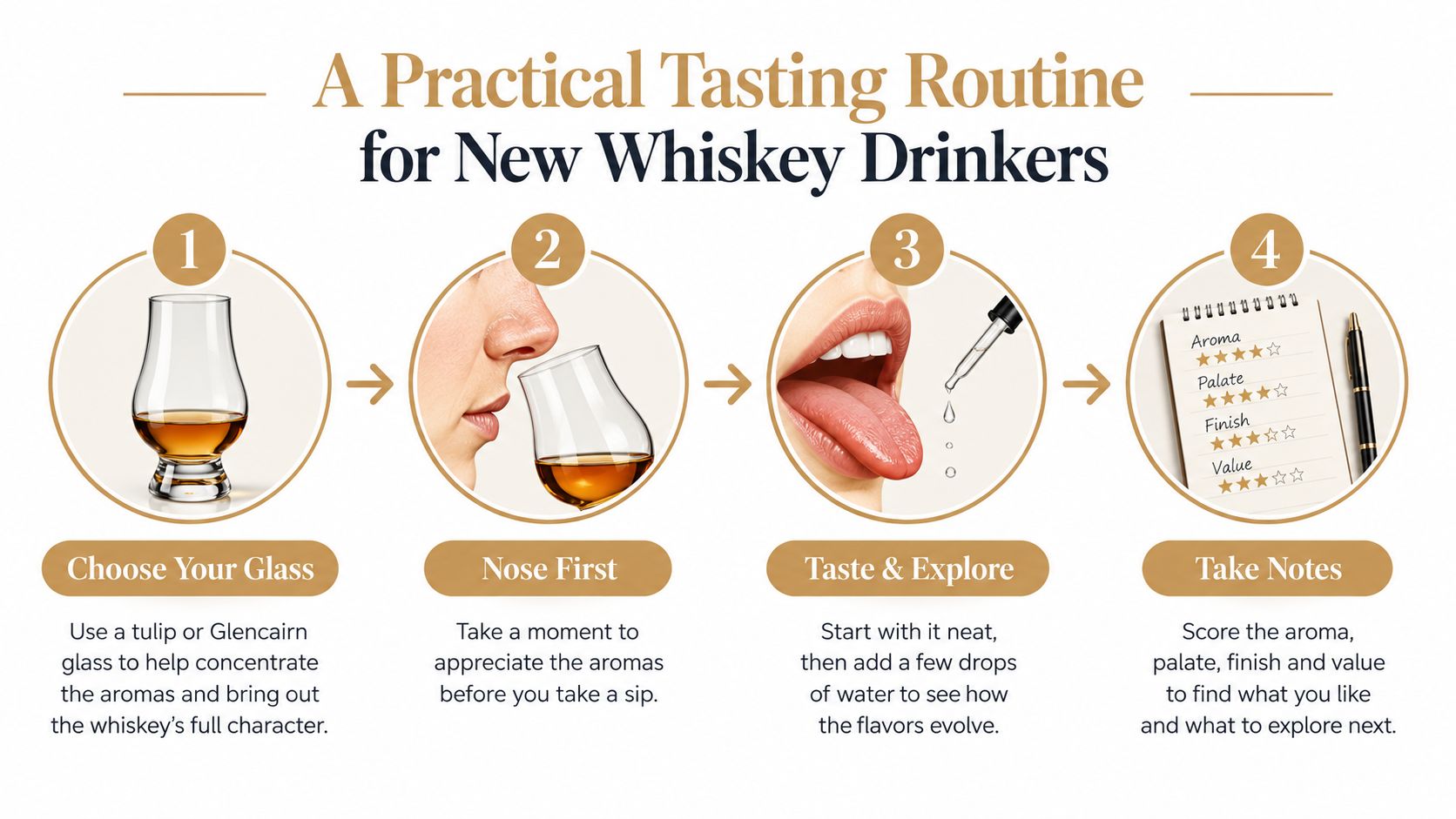 A four-step infographic illustrating a simple tasting routine for new whiskey drinkers including preparation and evaluation.
