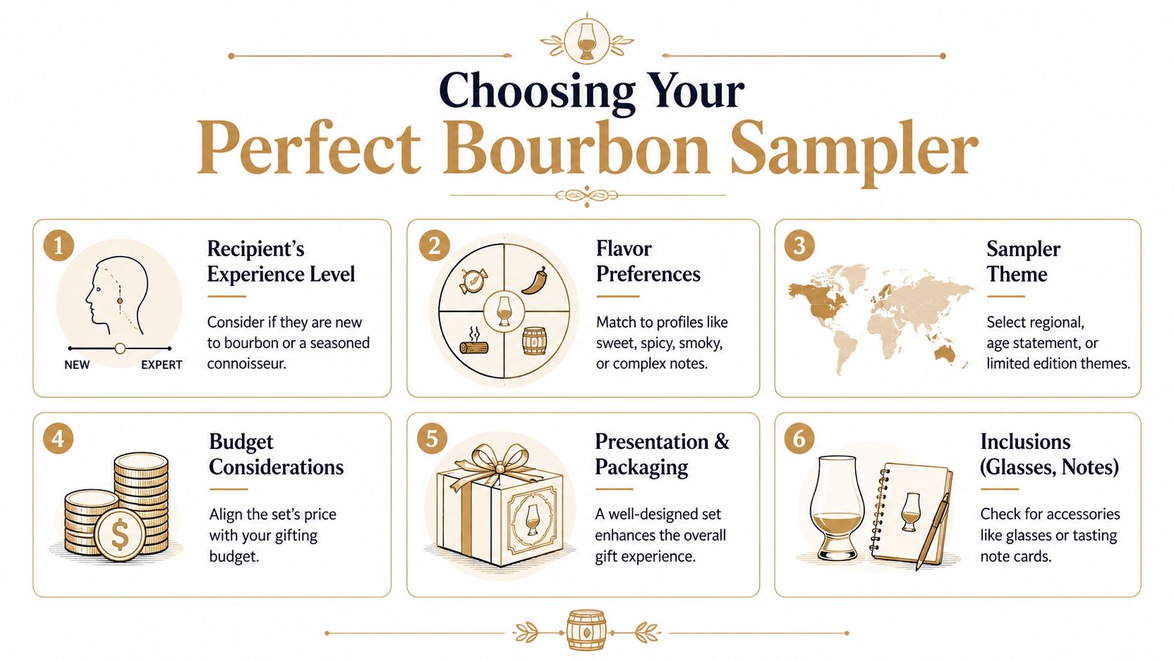 An infographic titled Choosing Your Perfect Bourbon Sampler outlining six essential factors for gifting bourbon sets.