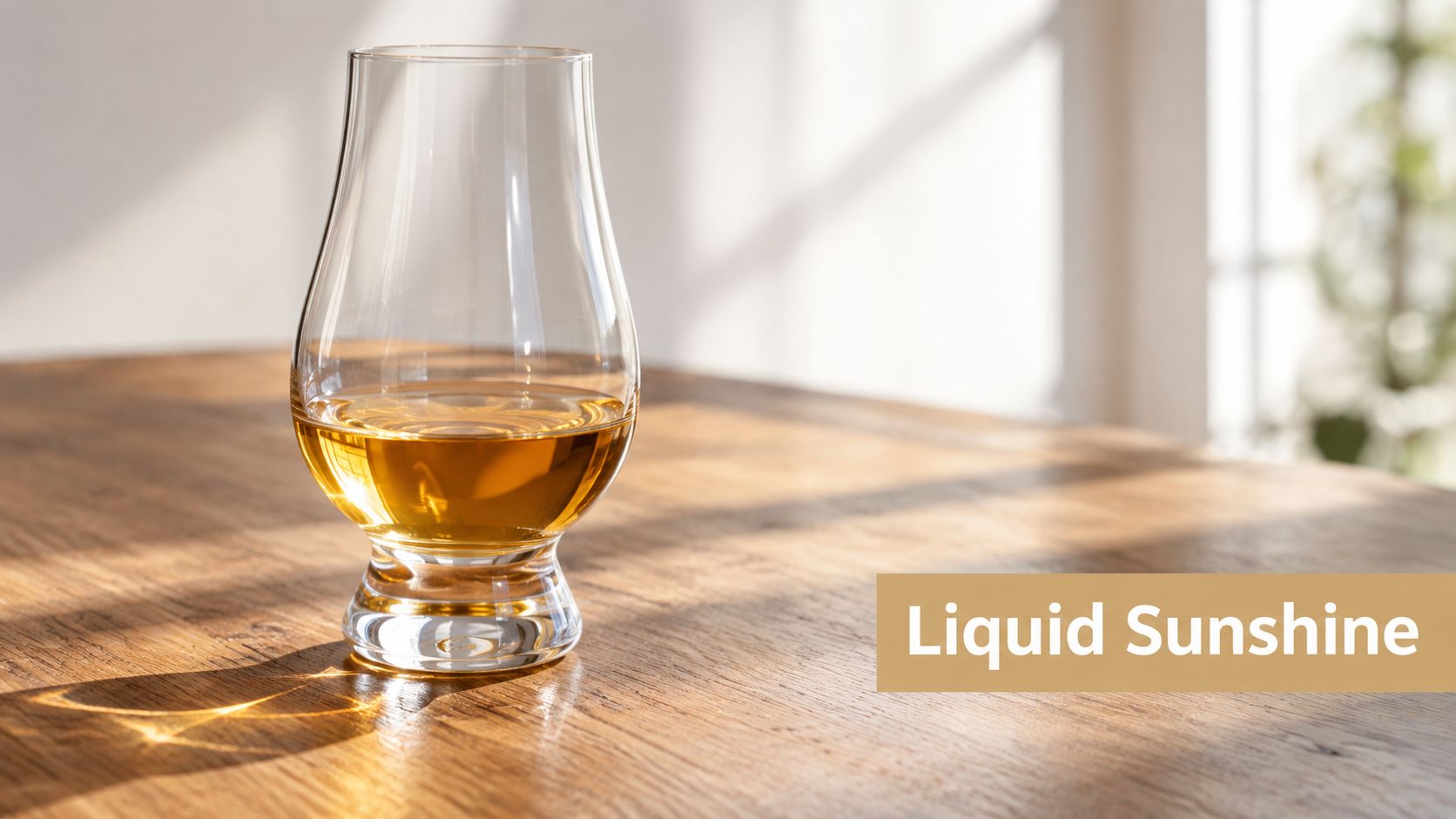 A glass of golden whisky sits on a wooden table with sunlight creating shadows nearby.