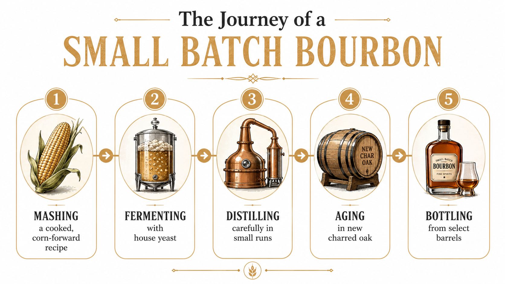 An infographic illustrating the five-step production process of small batch bourbon, from mashing corn to final bottling.