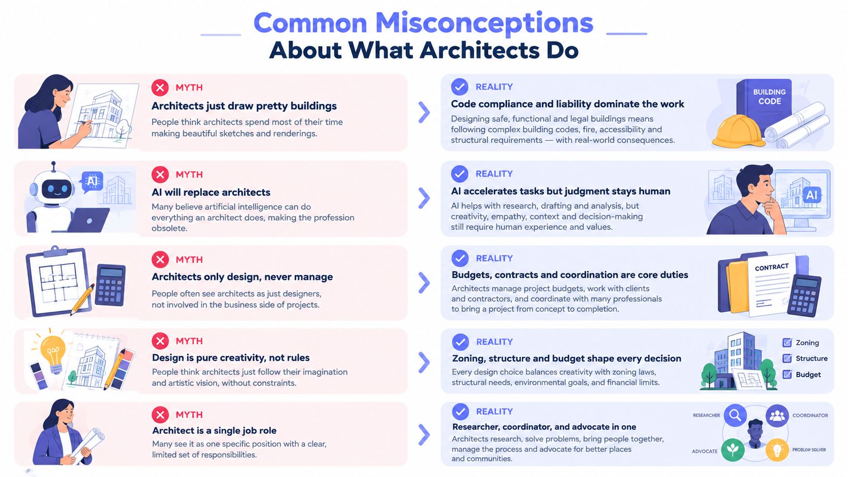 An infographic titled Common Misconceptions About What Architects Do, displaying myths and realities of the profession.