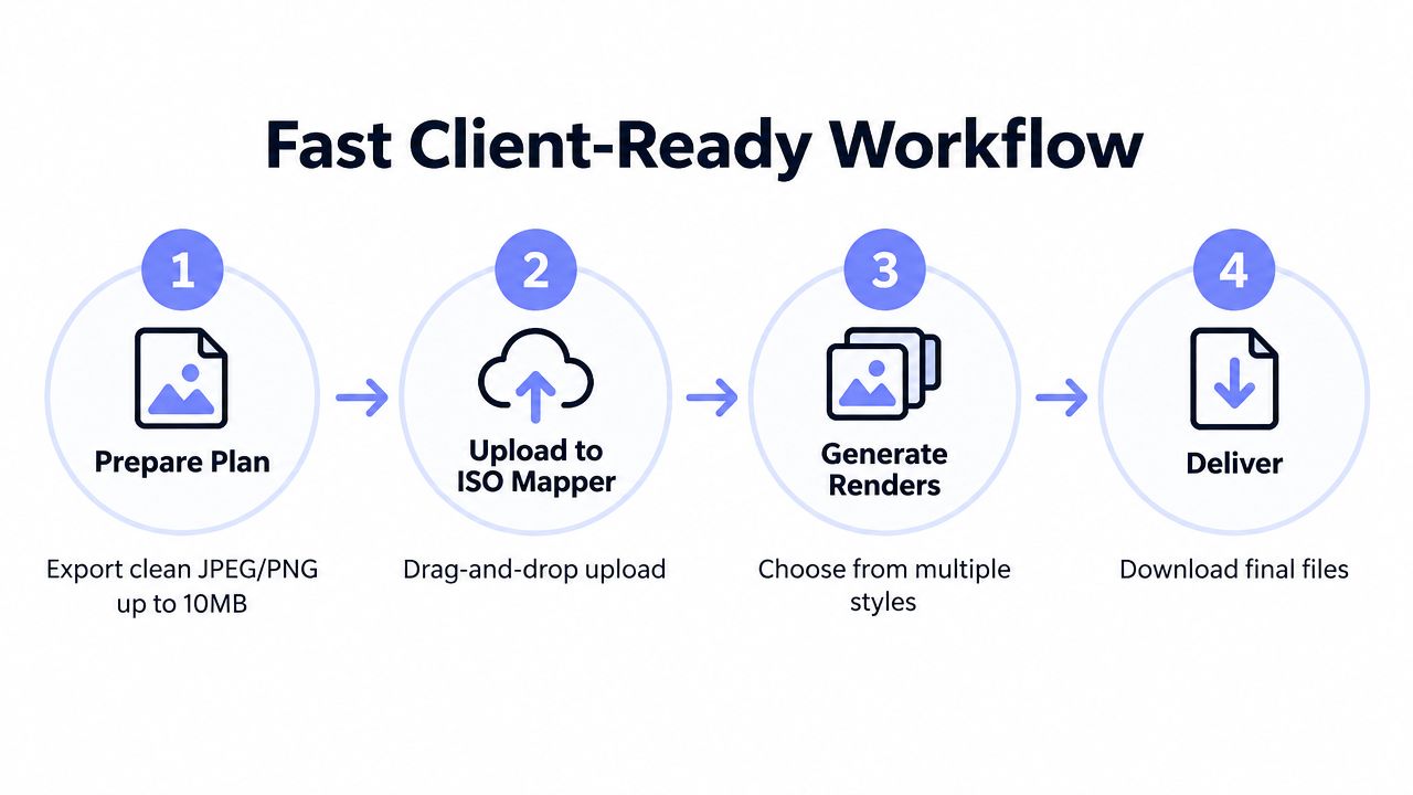 A four-step workflow diagram illustrating the process for creating professional site plan renderings using ISO Mapper.