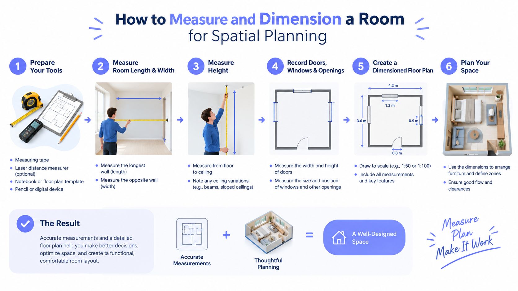 A six-step infographic guide explaining how to measure and dimension a room for effective spatial planning.