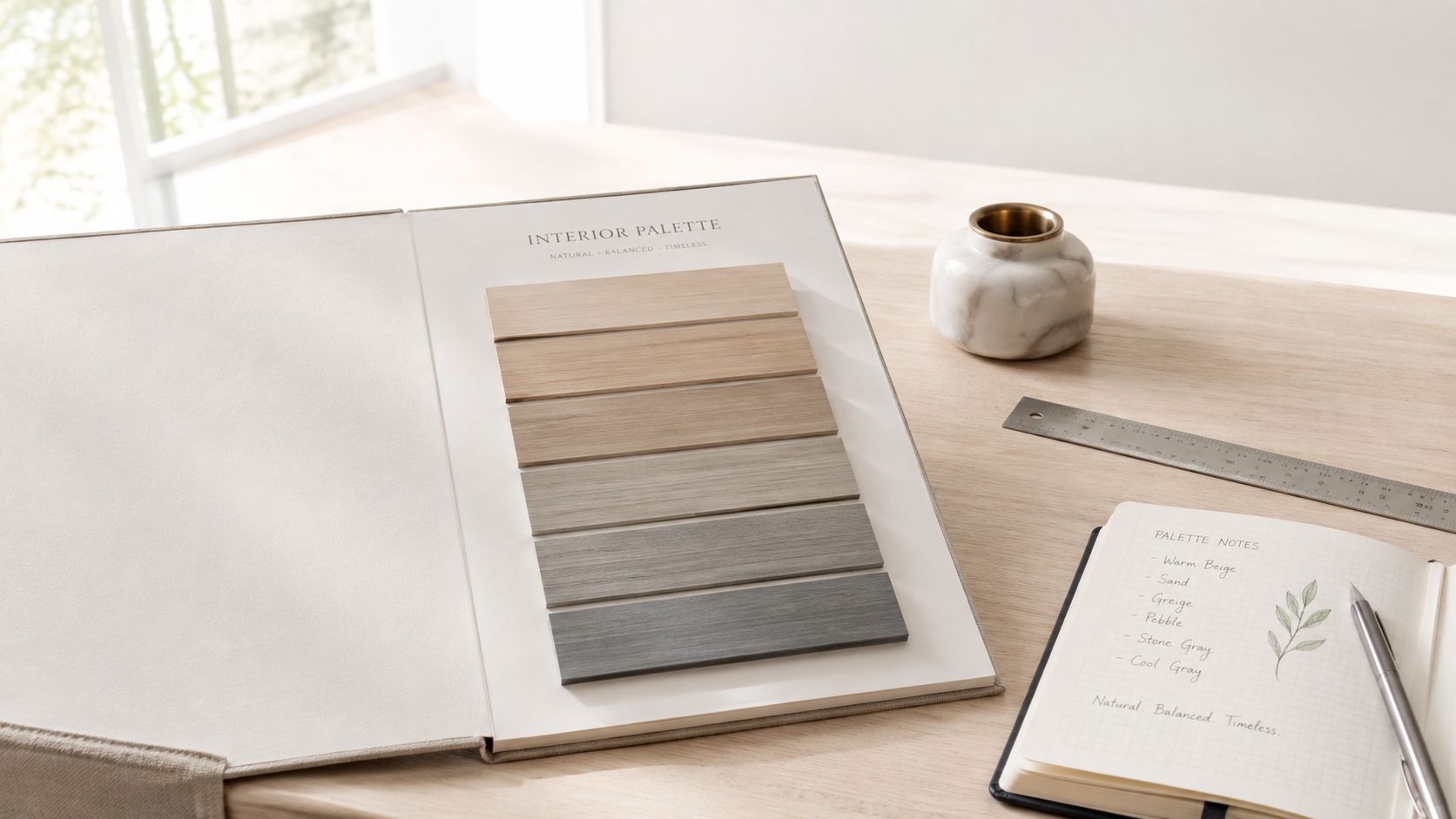 A professional interior design mood board featuring wood finish color samples, a notebook, and a small vase.