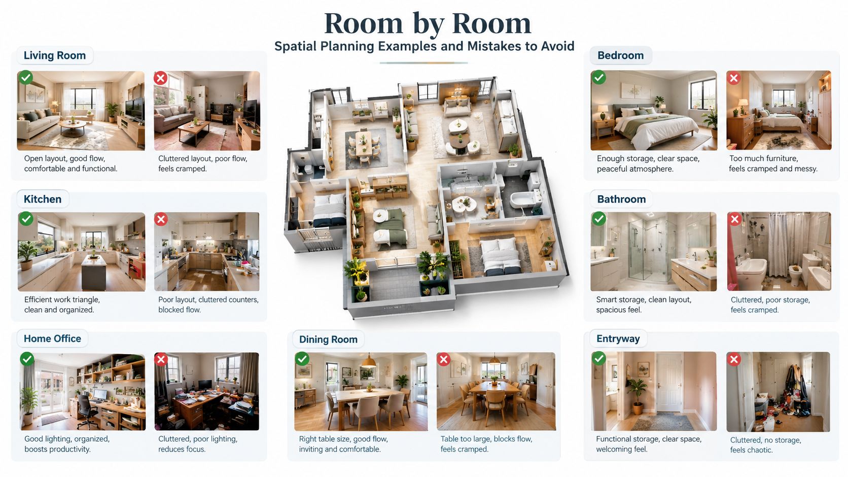 A room-by-room guide showing interior design spatial planning examples with positive and negative layout comparisons.