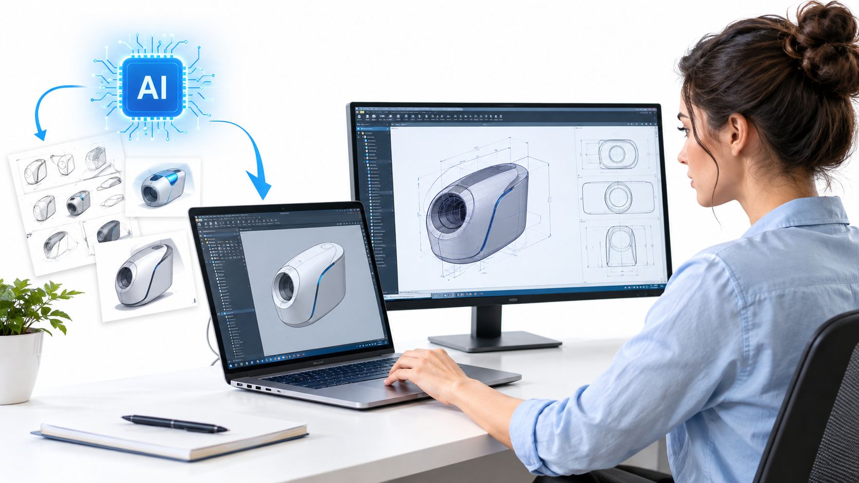 A professional designer uses AI-assisted software on a laptop and monitor to create 3D product designs.