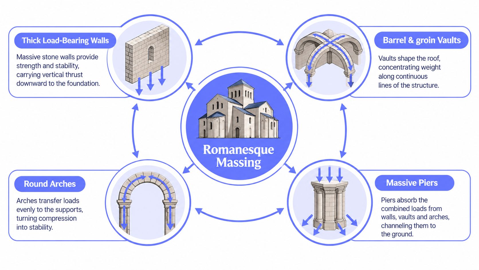 An infographic illustrating key structural elements of Romanesque architecture including thick walls, vaults, arches, and massive piers.