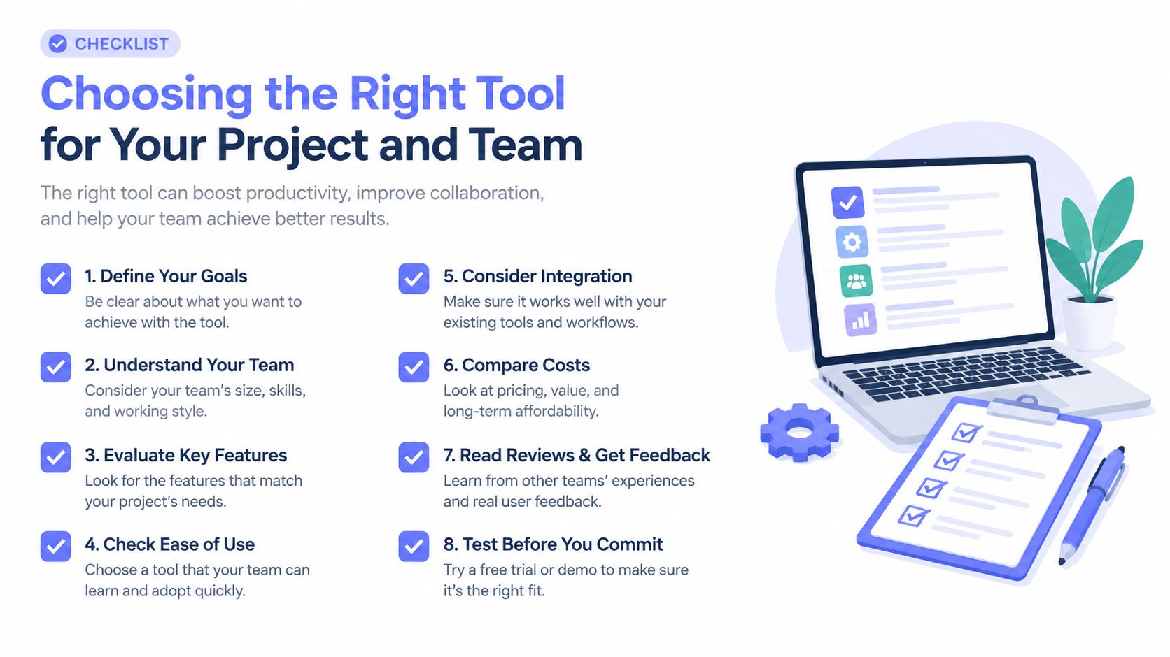 An infographic checklist for choosing the right project management tool featuring eight essential steps for success.