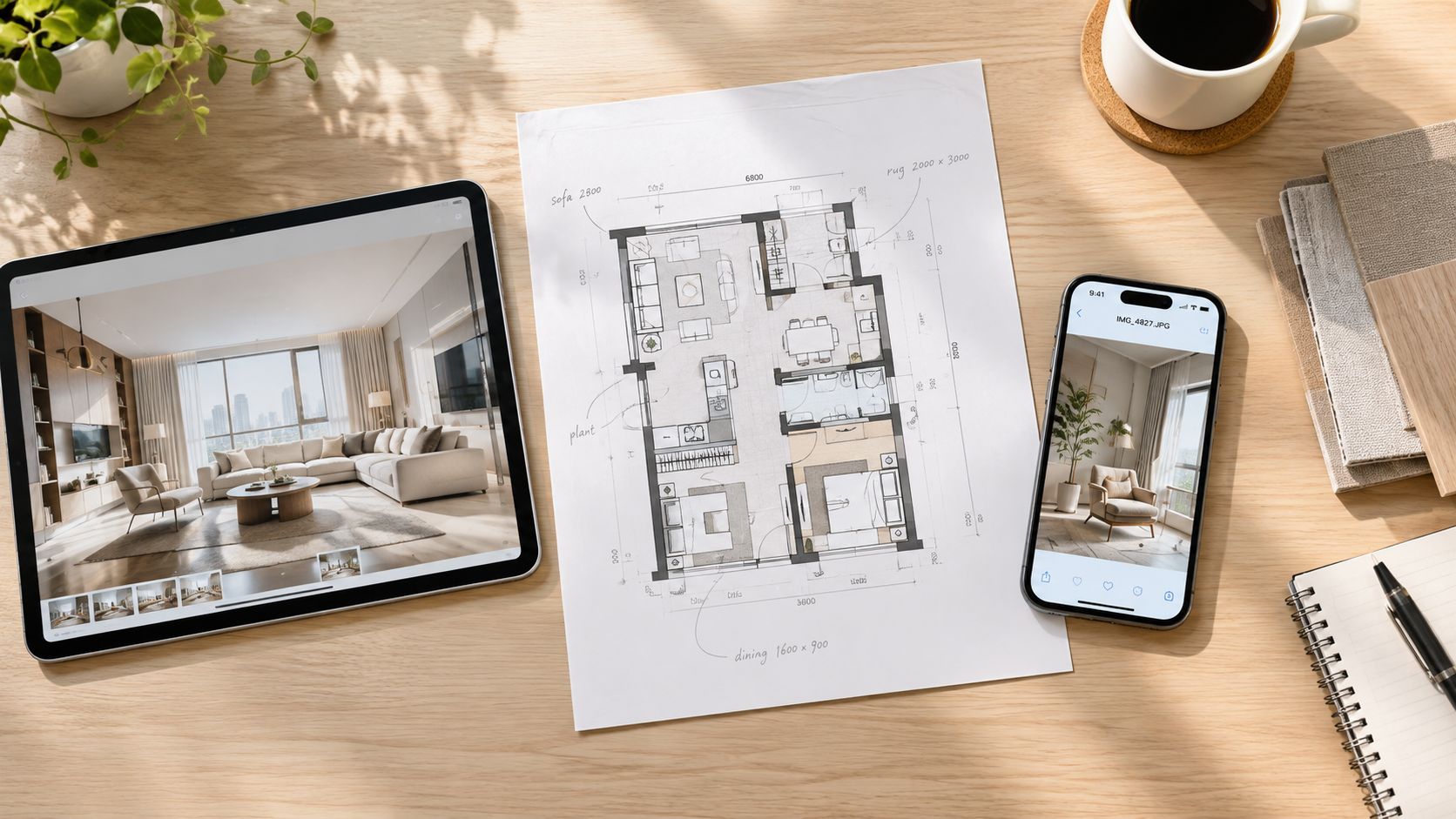 A top-down view of a designer's desk with a digital tablet, floor plan, and smartphone displaying interior design.