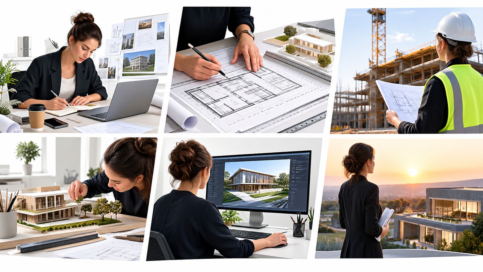 A collage showing a female architect working on building designs, architectural models, and construction site blueprints.