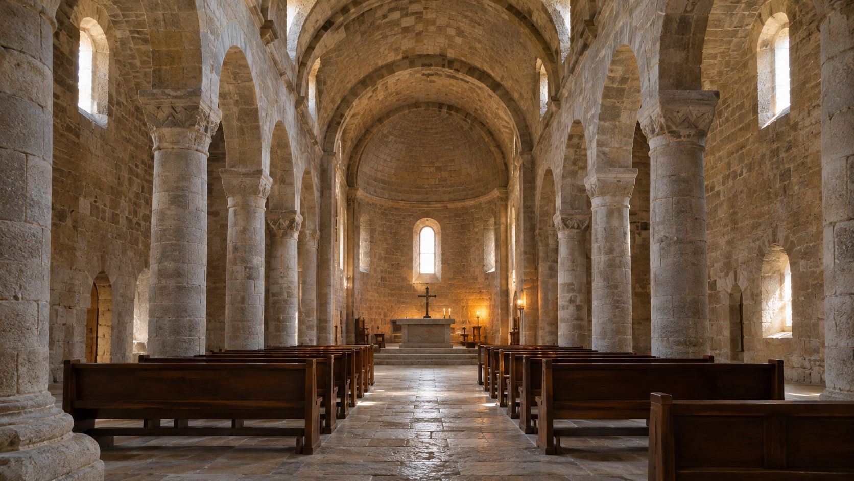 The interior of an ancient stone church featuring Romanesque style architecture with arched columns and wooden pews.