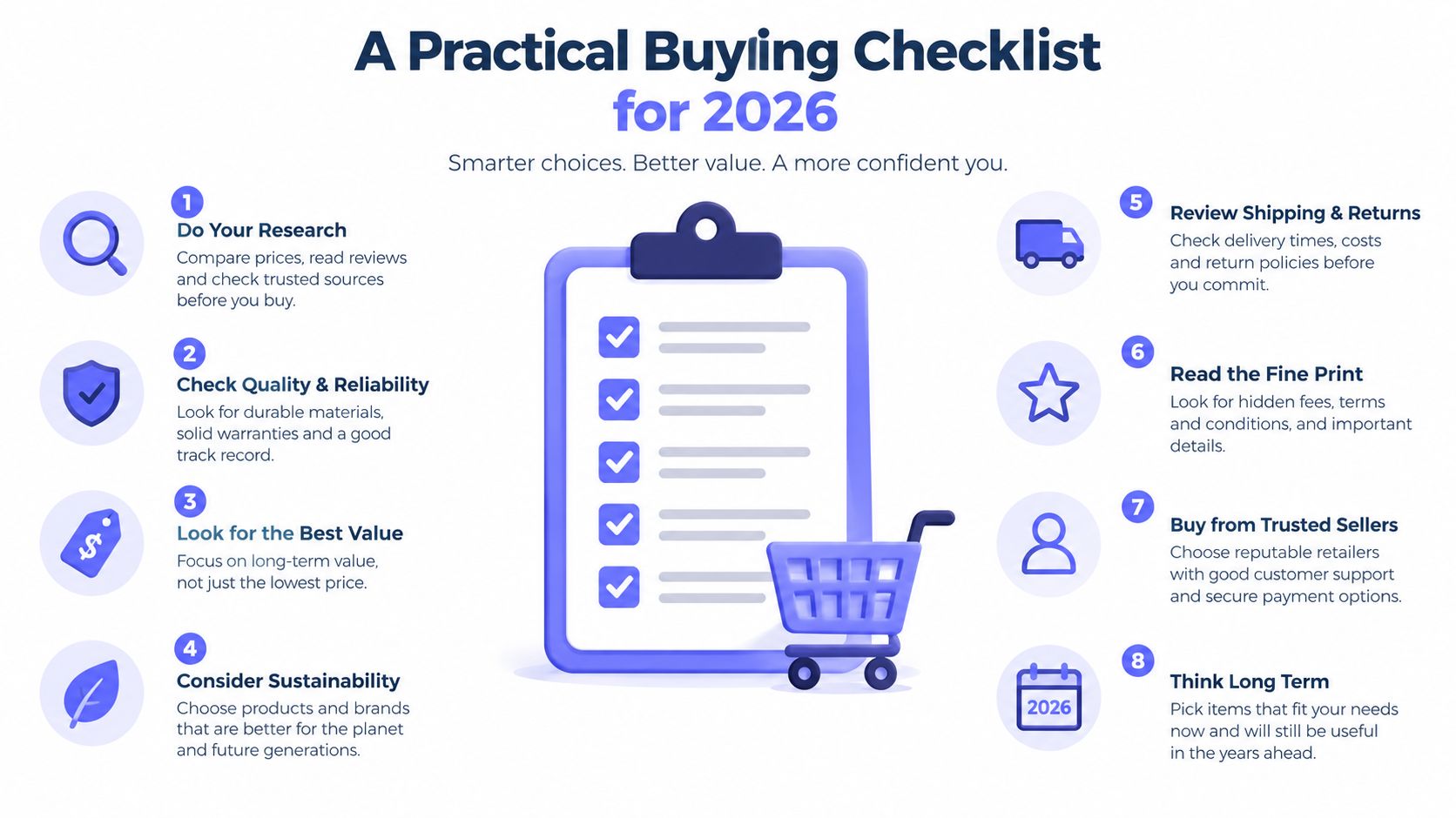An infographic titled A Practical Buying Checklist for 2026, offering eight expert tips for smarter shopping.