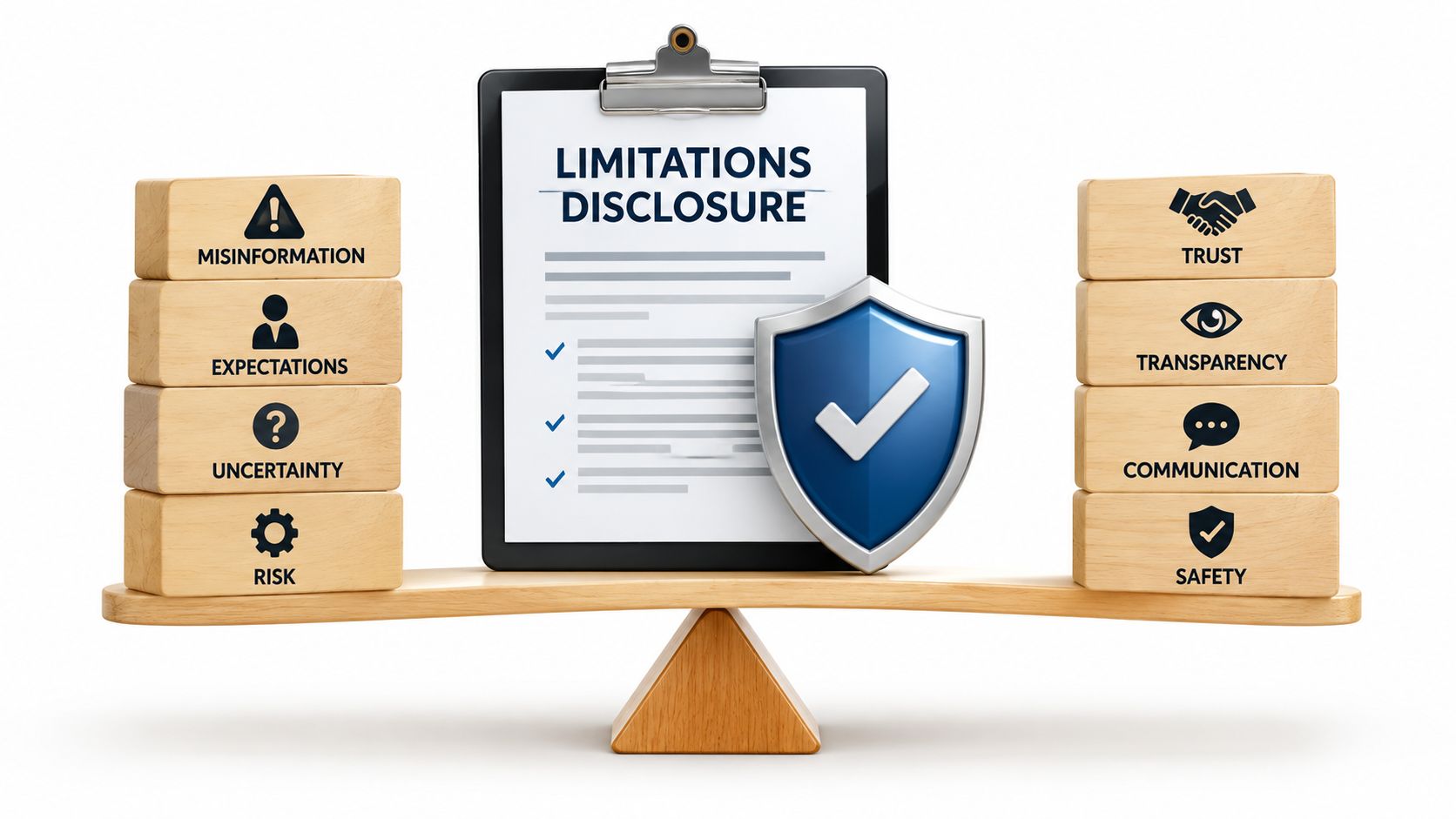 A conceptual scale showing a balance between limitation disclosures and values like trust, transparency, and safety.