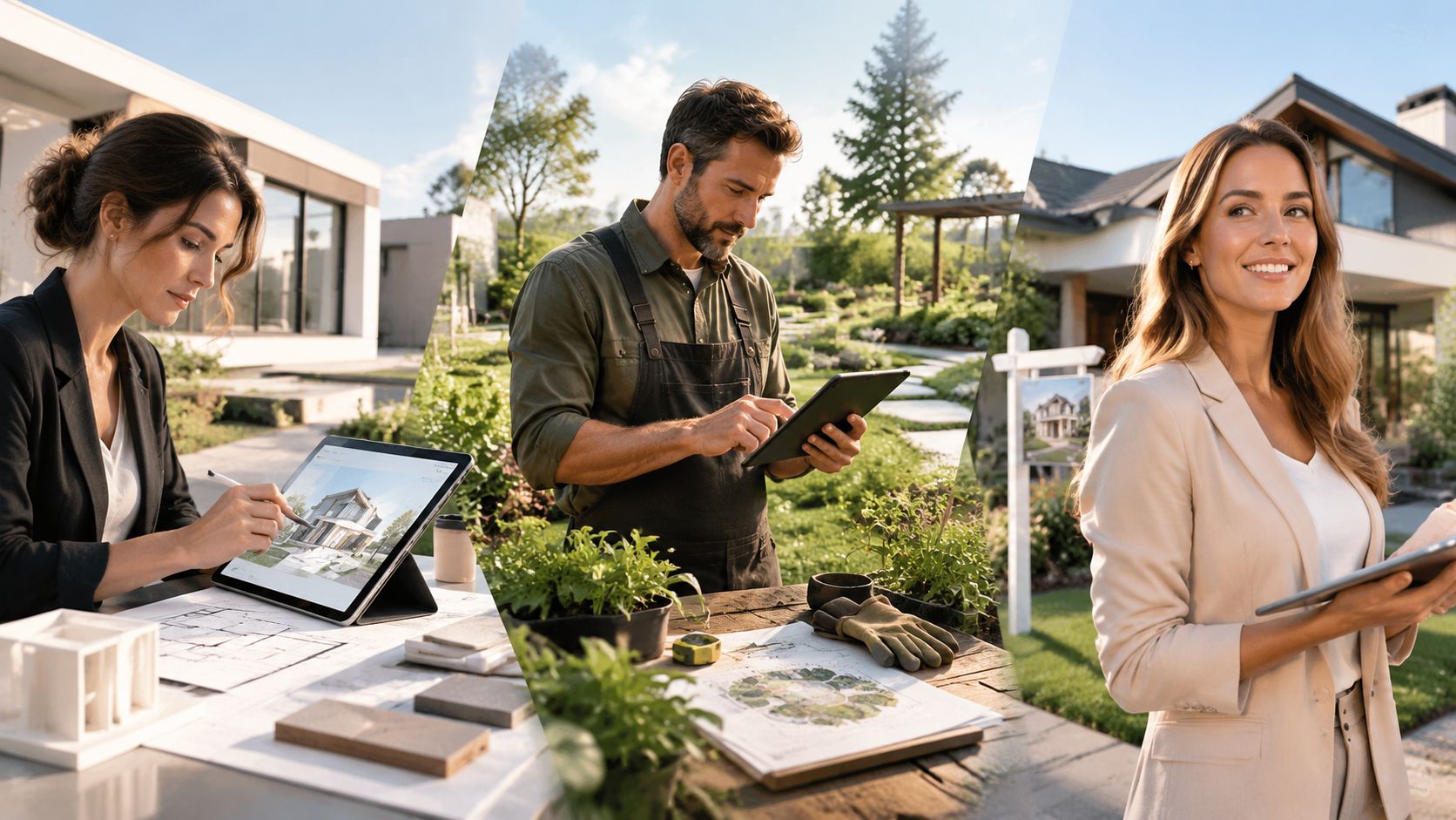 A composite image showing professionals working on landscape design, gardening, and real estate property consulting.