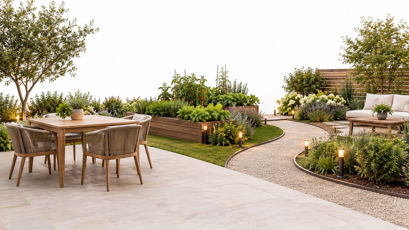 A modern landscaped garden featuring a dining area, raised vegetable beds, and a gravel pathway at sunset.