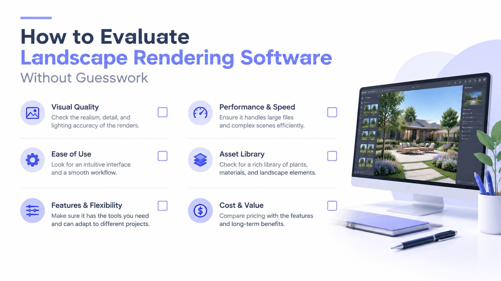 A guide infographic titled How to Evaluate Landscape Rendering Software listing six key criteria with icons.