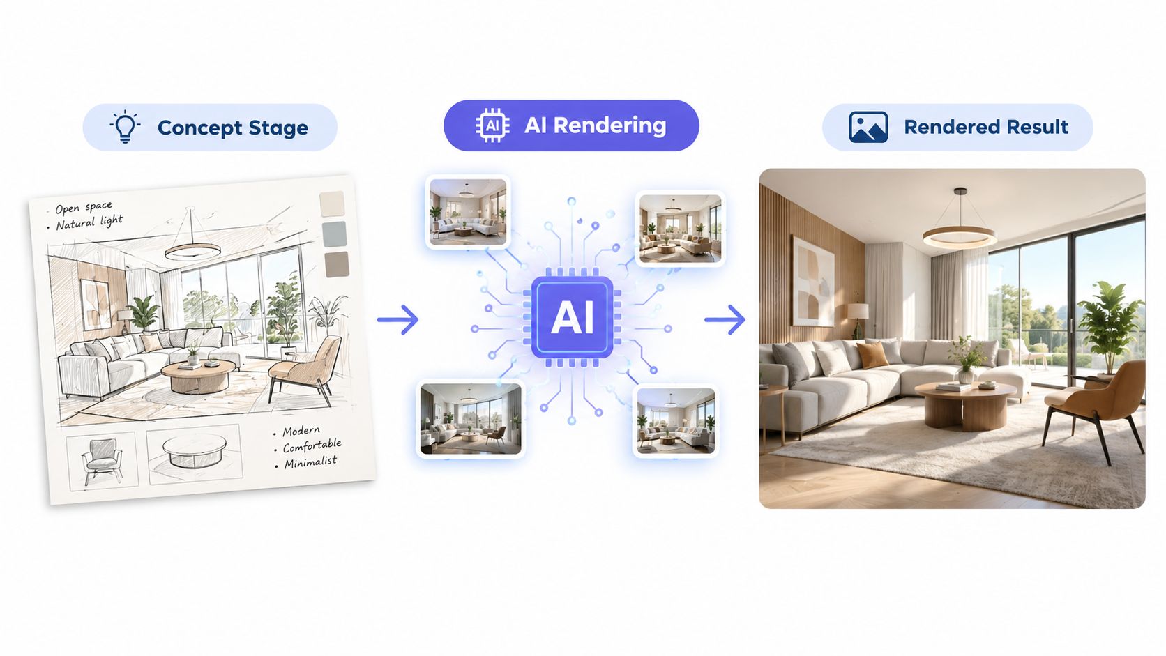 A diagram illustrating the AI interior design rendering process, moving from a conceptual sketch to a final realistic output.