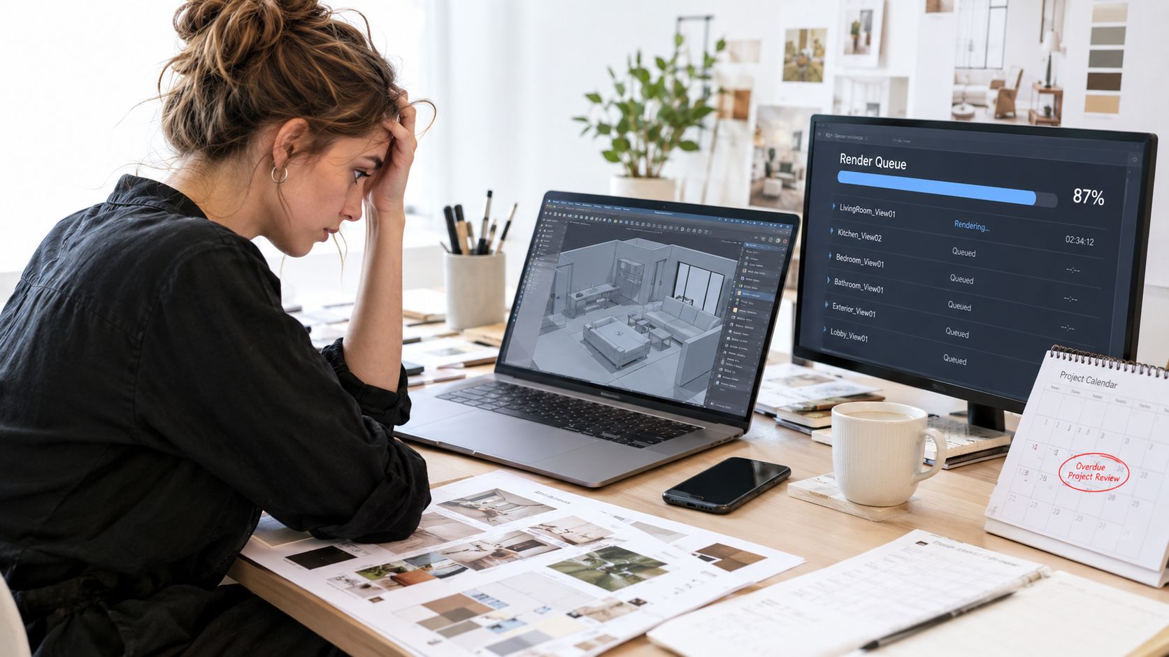 A stressed female architect working on a 3d room planner design on her computer at her desk.