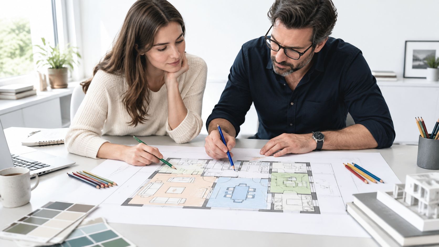 A professional interior designer and a client collaborating over a color-coded architectural floor plan in an office.