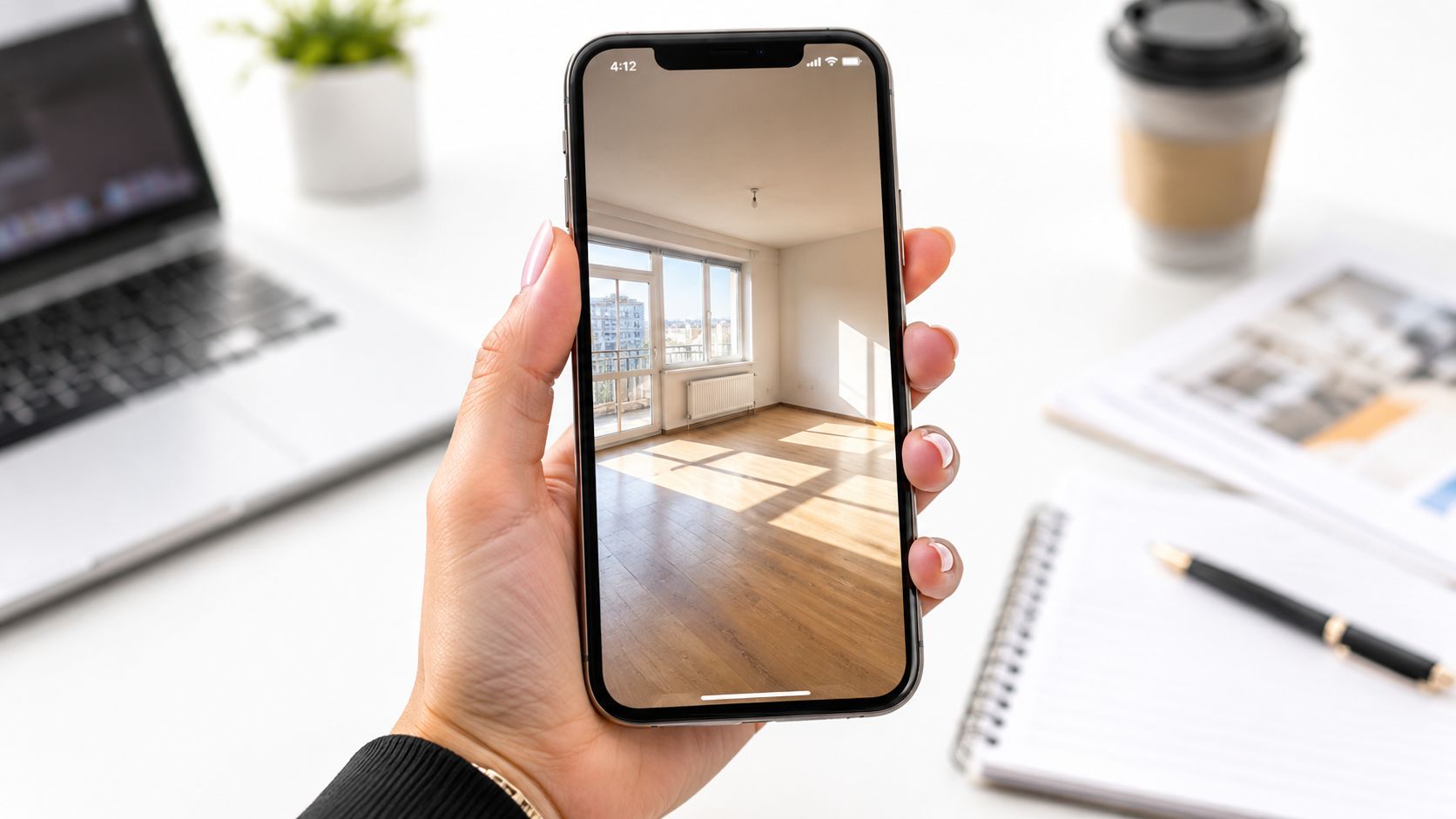 A hand holding a smartphone displaying a realistic 3D interior design rendering of an empty room.