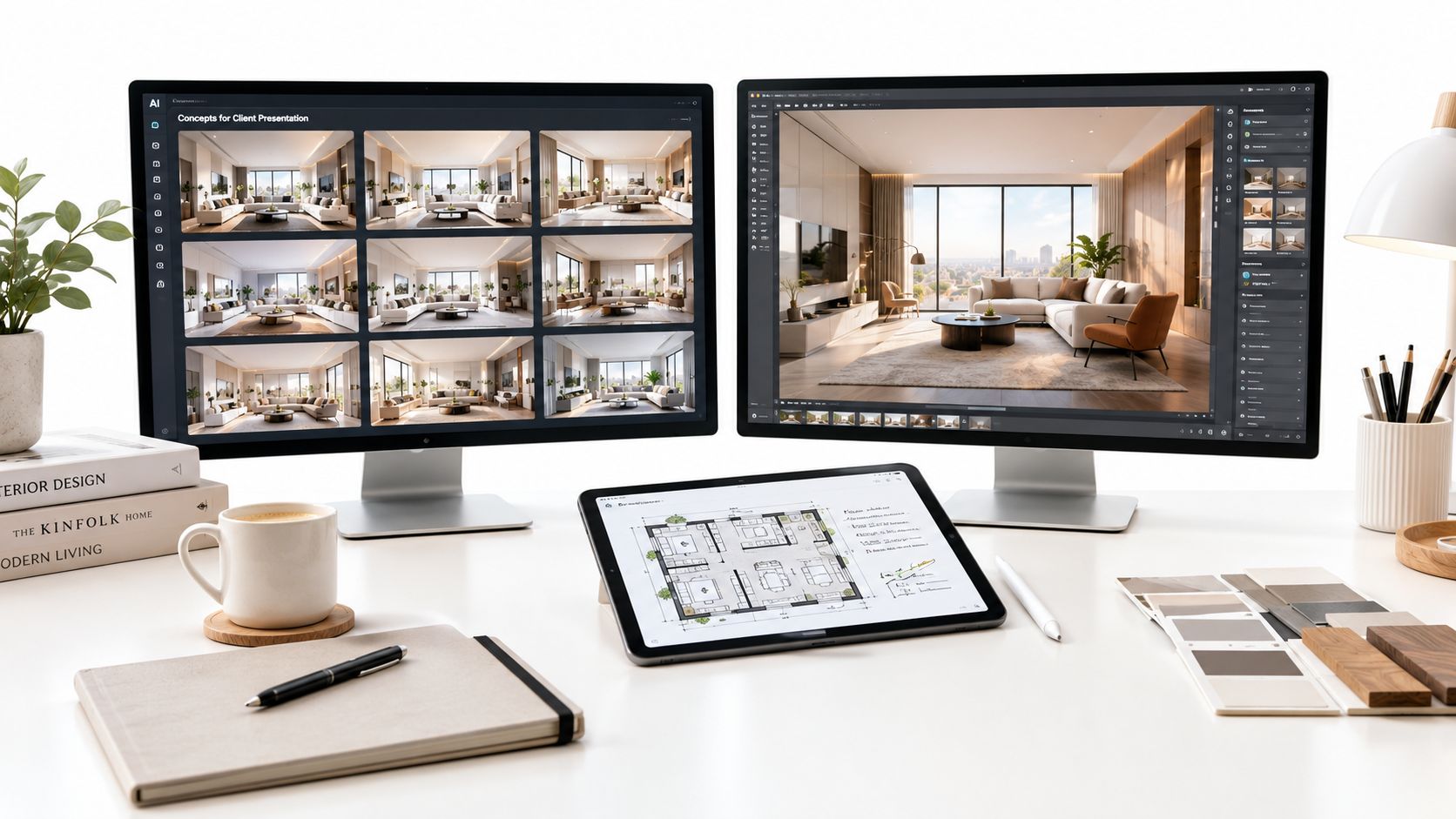A modern designer workspace with dual monitors displaying interior renderings, a tablet showing a floor plan, and design samples.