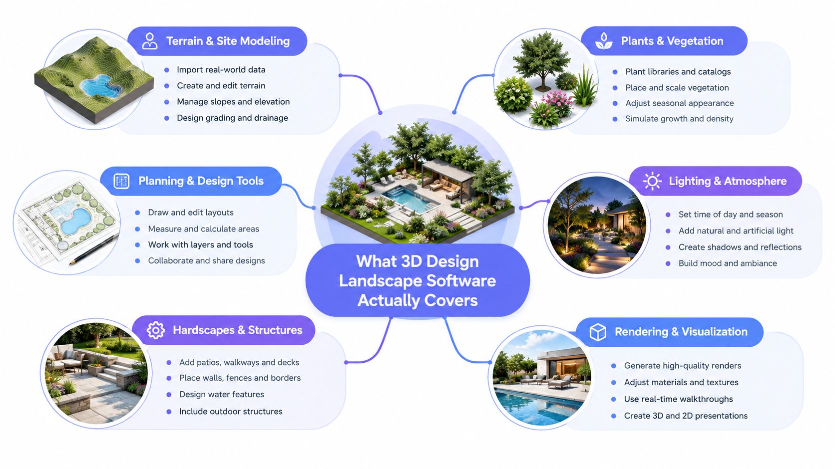 An infographic showing the core features of 3D landscape design software, including terrain, plants, and visualization tools.